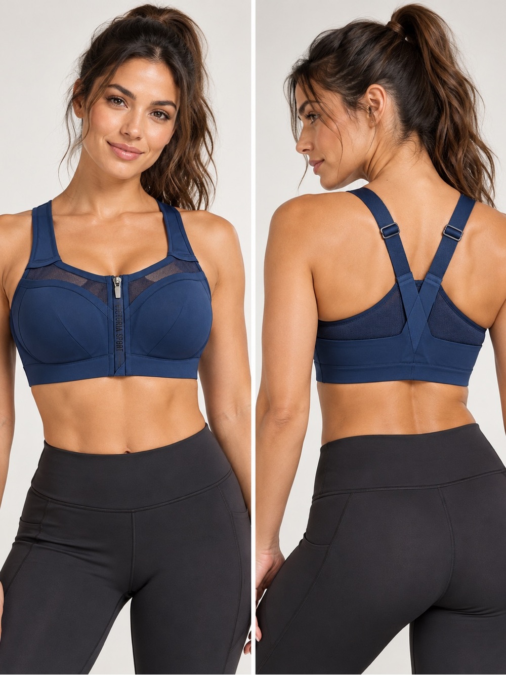 Victoria Sport Front-Zip High Support Sports Bra Navy Blue Size 38C